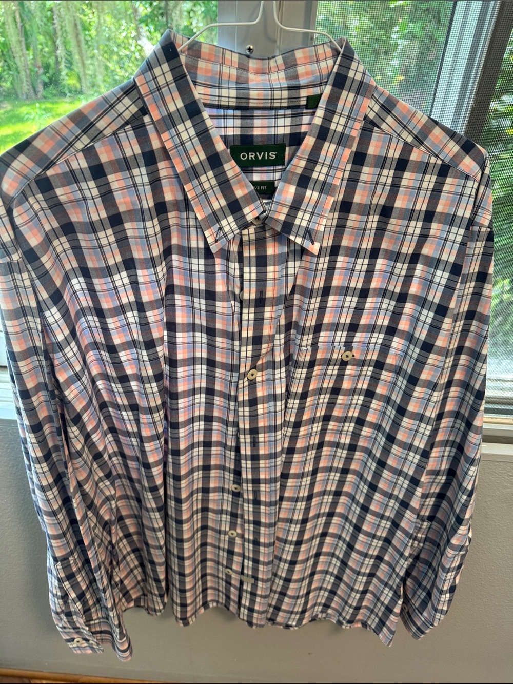 Orvis Men's Navy, Pink & White Plaid Button-Down Shirt